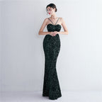 REVCHIC LUXE Elegant Halter Sequin Ruched Maxi Gown