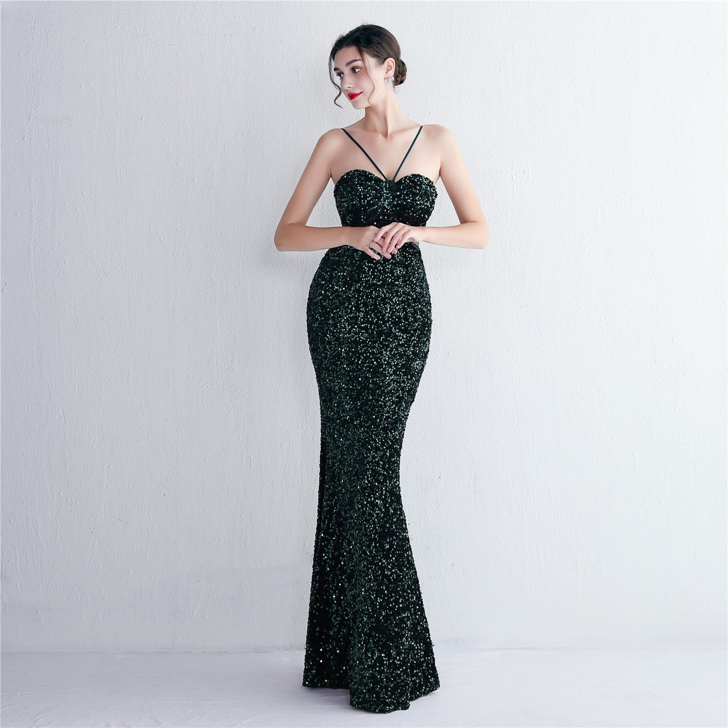 REVCHIC LUXE Elegant Halter Sequin Ruched Maxi Gown