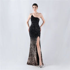 Elegant Velvet Bottom Gradient Sequin One Shoulder Evening Dress