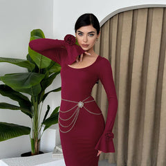 Elegant Round Neck Rose Decorative Long Sleeve Formal Dress