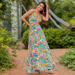 V Neck Brace Printing Elegant Vacation Maxi Dress