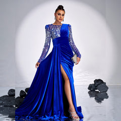 Long Sleeve Rhinestone Sequined Split Evening Dress