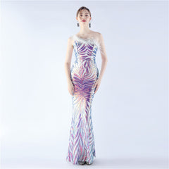 Elegant Floral Sequin Feather One Shoulder Evening Dress