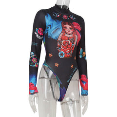 Long Sleeve Half Turtleneck Printed Thin Bodysuit