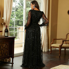 Black V-neck Long Sleeve Slit Mesh Evening Dress