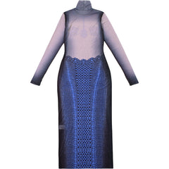 Sexy Blue Mesh Turtleneck Sheath Long Sleeve Printed Party Dress