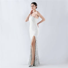 One Shoulder Gradient Velvet Bottom Sequin Feather Evening Dress