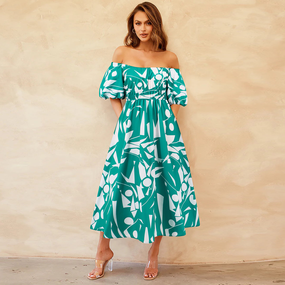Sexy Off Shoulder Puff Sleeve Printed Casual Large Swing Dress