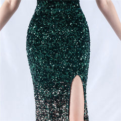 One Shoulder Gradient Velvet Bottom Sequin Feather Evening Dress