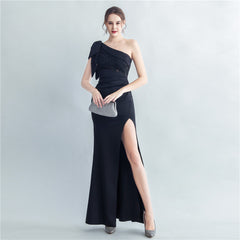 Lace Beaded One Shoulder Roman Collar Side Slit Evening Dress