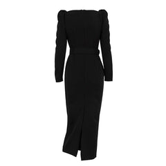 Elegant Low Cut Long Sleeve Cross Design Dress with Belt