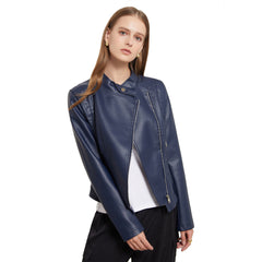 Women Slim-Fit Faux Leather Collared Leather Jacket