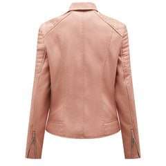 Women Motorcycle Zipper Short Leather Jacket