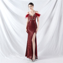 Elegant Ostrich Feather Sequin Evening Dress