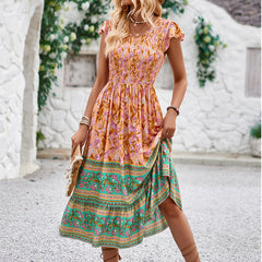 Summer Floral Print Bohemian Vacation V neck Dress