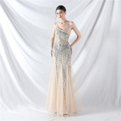 Elegant One Shoulder Beaded Floral Sequin Mesh Evening Dress