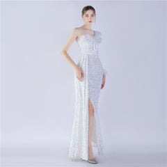 Elegant Feather Ruffled Side Slit Sequined Evening Dress