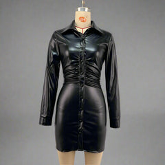 Women Single Breasted Long Sleeve Faux Leather Party Dress