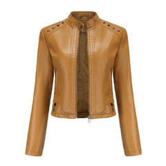 Women Rivets Leather Short Thin Stand Collar Jacket