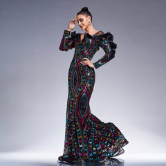 Long Sleeve V Neck Cutout Long Sequined Fishtail Evening Dress