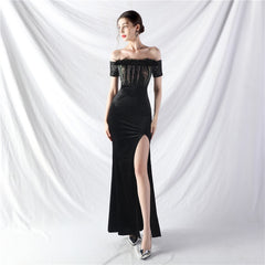 Elegant Ostrich Fur Velvet off Neck Evening Dress