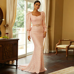 Long Sleeves Sequined Evening Dress