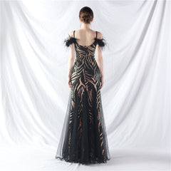 Craft Order Ostrich Hair Sequin Stitching Mesh High End Evening Dress