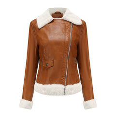 Long Sleeves Turn down Collar Fleece Leather Jacket