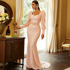 Long Sleeves Sequined Evening Dress