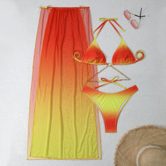 Gradient Mesh Maxi Drawstring Three Piece Swimsuit