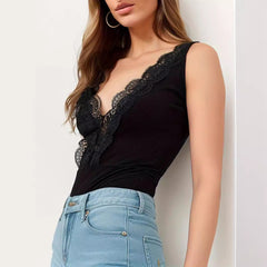 Summer Sexy Slim V neck Lace Rib Sleeveless Bodysuit