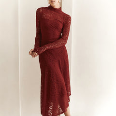 Women Lace Stitching Pleated Long Sleeve Dress