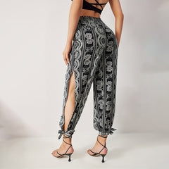 Loose Elegant Printed Hem Slit Trousers