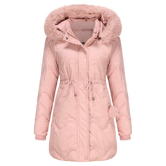 Women Detachable Hat Wool Warm Parka Mid Length Coat