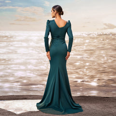 Women Long Sleeved Diagonal Collar Sheath Split Evening Dress