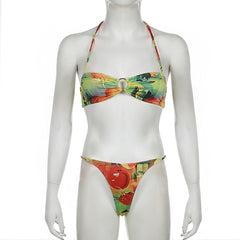 Sexy Colorful Printed Fruit Embellished Briefs Bikini Set