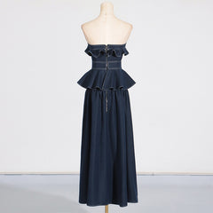 Elegant Denim Ruffled Tube Top Daily Dress