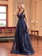 Deep V Plunge Backless Sequin Fishtail Evening Dress