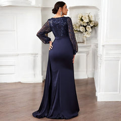 Women Sequined Satin V neck Long Sleeve Evening Gown