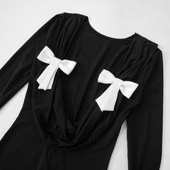 Women Backless Bow Long Sleeve Narrow Maxi Formal Dress