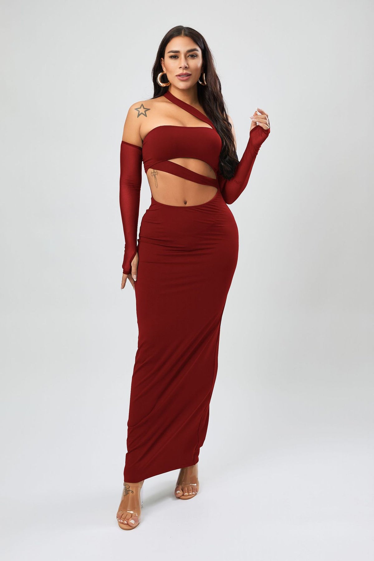 One Shoulder Mesh Halter Sheath Dress