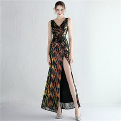 Elegant V-Neck Split Long Sequined Evening Dress