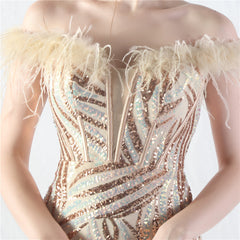 Elegant Boning Corset Ostrich Feather Sequined Evening Dress