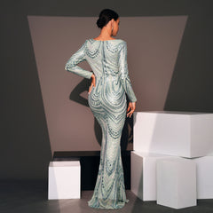 Long Sleeve Elegant Sequin Cocktail Evening Dress