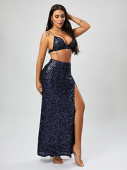 Sexy Sequined High Slit Skirt Set