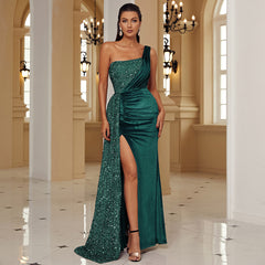 Elegant Sequined One Shoulder Backless Evening Dress