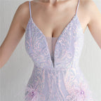 REVCHIC LUXE Elegant V-Neck Feather Sequin Maxi Gown