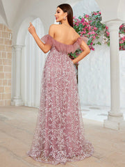 Off Shoulder Embroidery Slim Fit Evening Dress