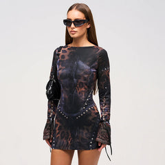 Women Printing Slim Fit Long Sleeve Short Party Dress