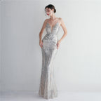 REVCHIC LUXE Elegant V-Neck Floral Sequin Sleeveless Formal Gown